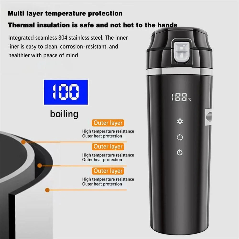 12V/24V Car Heating Cup Smart Temperature Control Coffee Milk Heated Kettle Stainless Steel Portable Car Heating Cup Thermos Cup