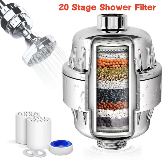 20 Stages High Output Shower Water Filter to Remove Chlorine Fluoride Heavy Metals Filtered Soften Hard Water for Shower Head