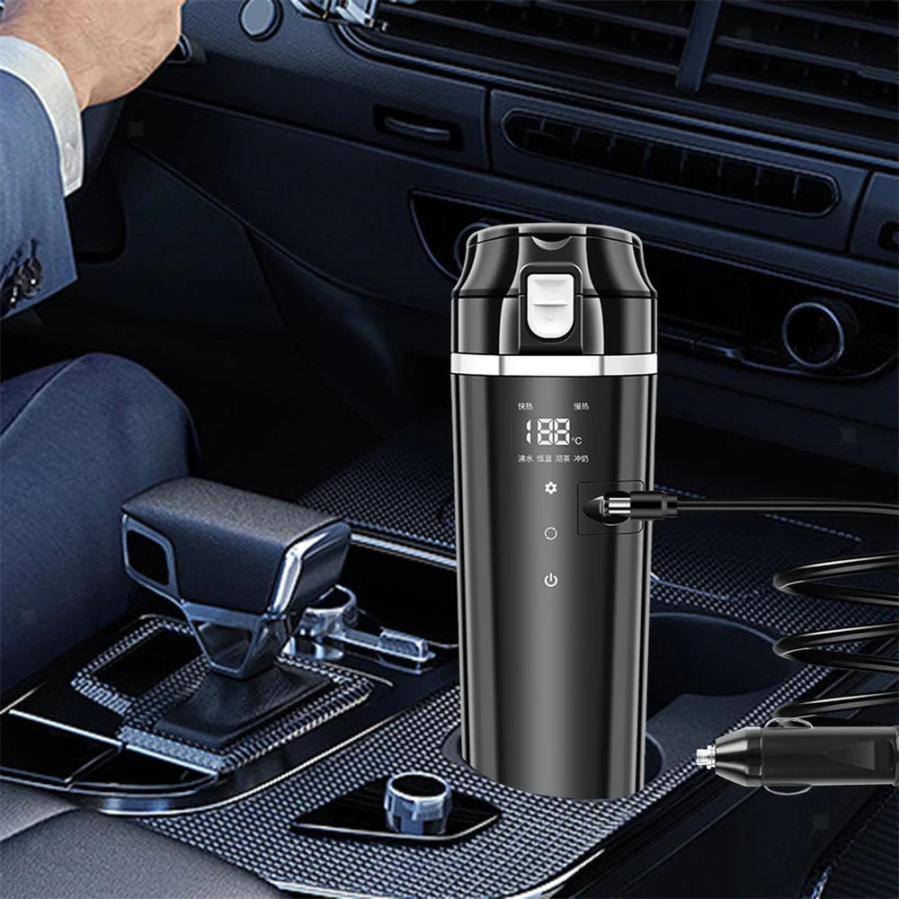 12V/24V Car Heating Cup Smart Temperature Control Coffee Milk Heated Kettle Stainless Steel Portable Car Heating Cup Thermos Cup