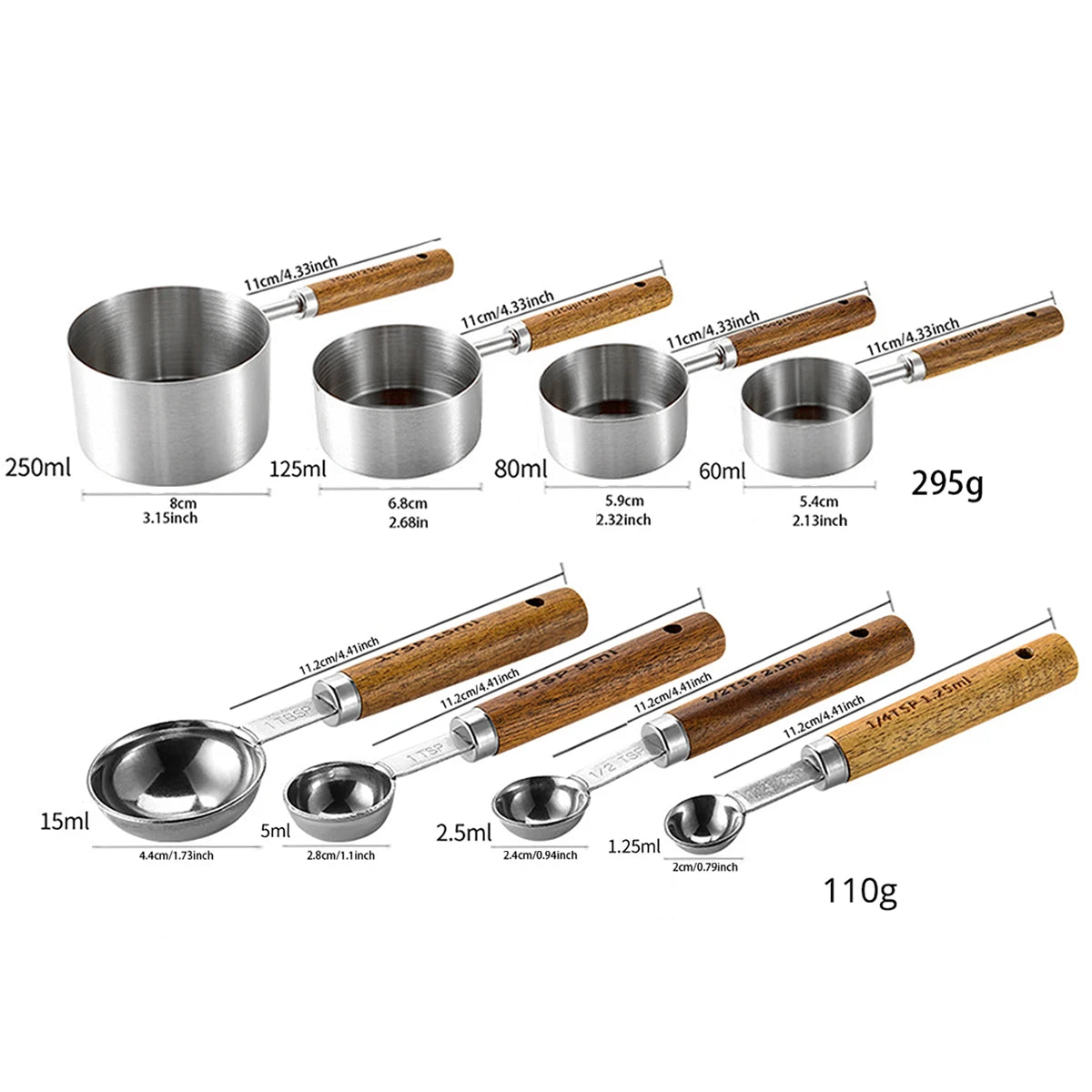 8pcs Gold Stainless Steel Measuring Cup Spoon Set Wooden Handle Baking Measuring Spoon Graduated Measuring Cup Kitchen Tools