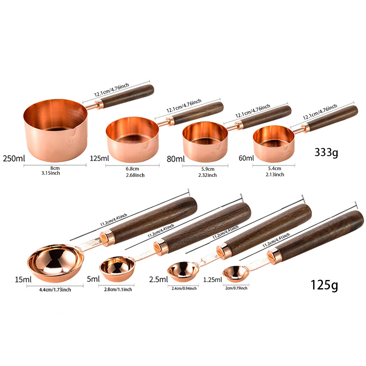 8pcs Gold Stainless Steel Measuring Cup Spoon Set Wooden Handle Baking Measuring Spoon Graduated Measuring Cup Kitchen Tools