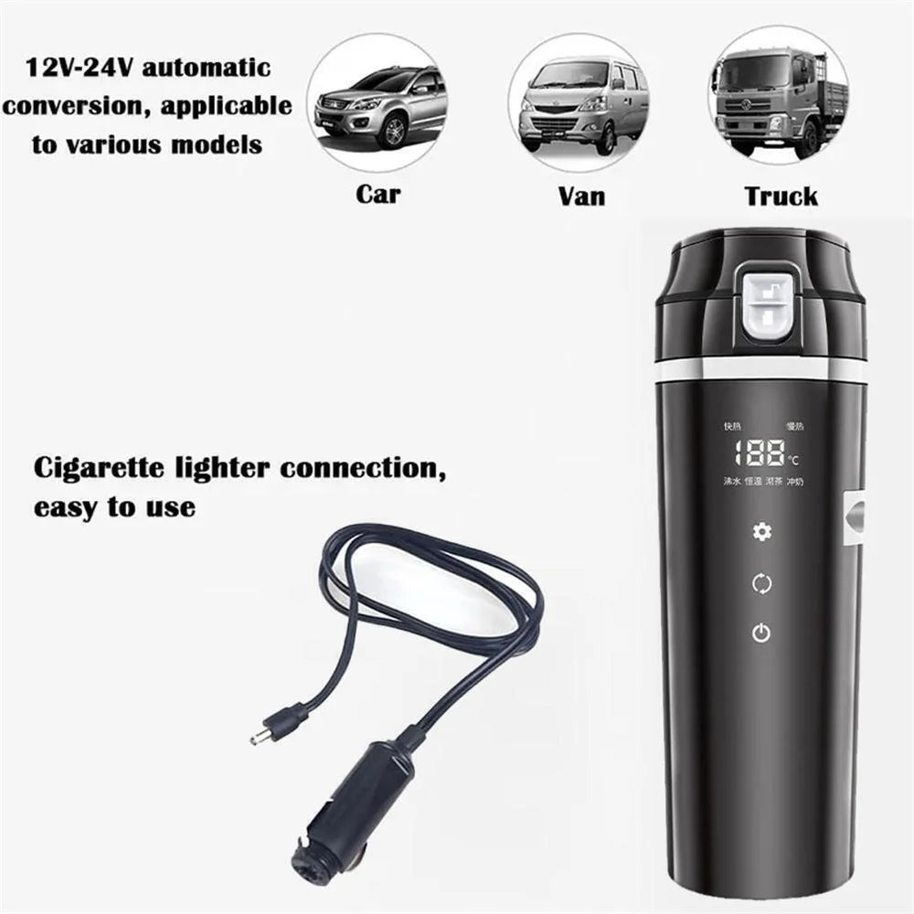 12V/24V Car Heating Cup Smart Temperature Control Coffee Milk Heated Kettle Stainless Steel Portable Car Heating Cup Thermos Cup