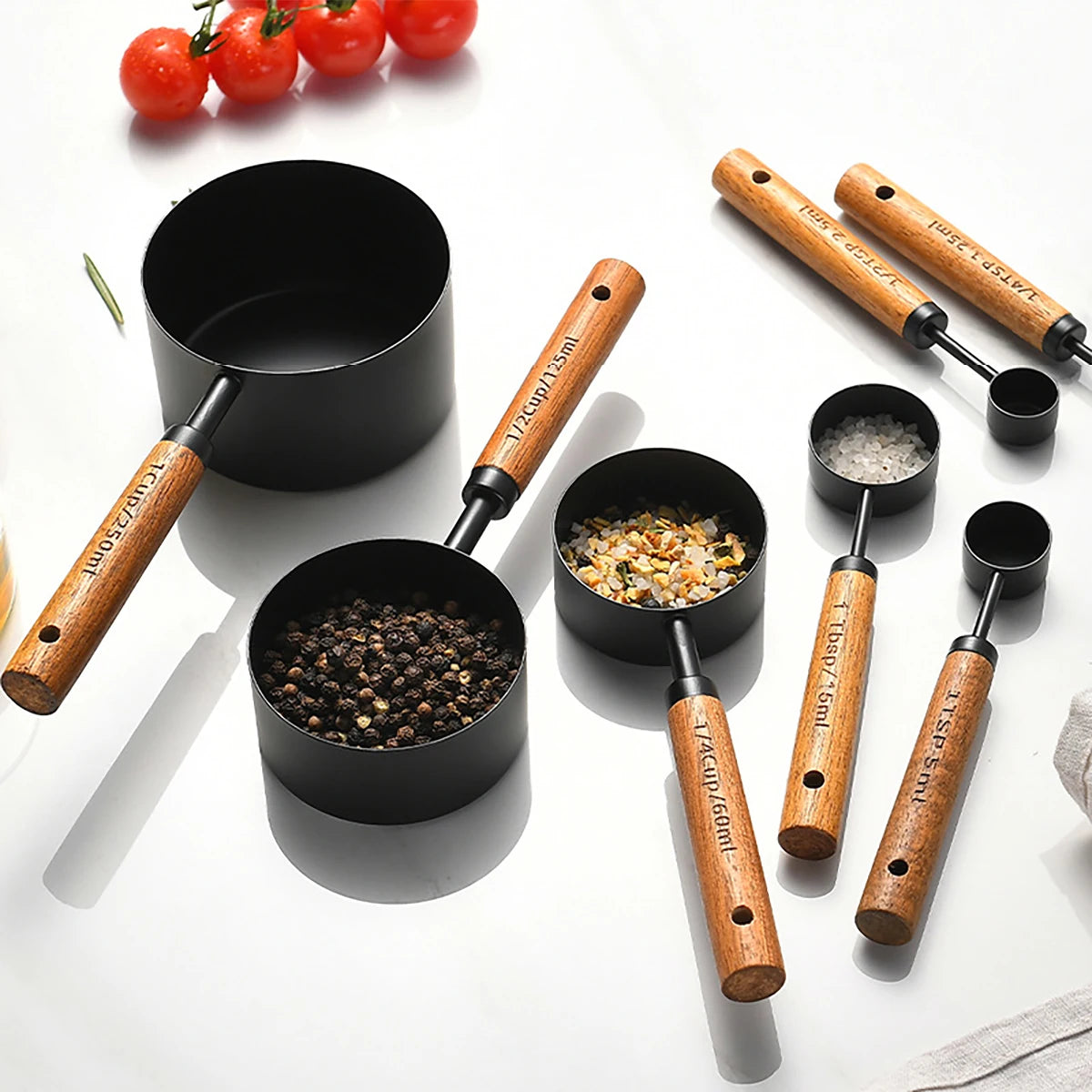 8pcs Gold Stainless Steel Measuring Cup Spoon Set Wooden Handle Baking Measuring Spoon Graduated Measuring Cup Kitchen Tools