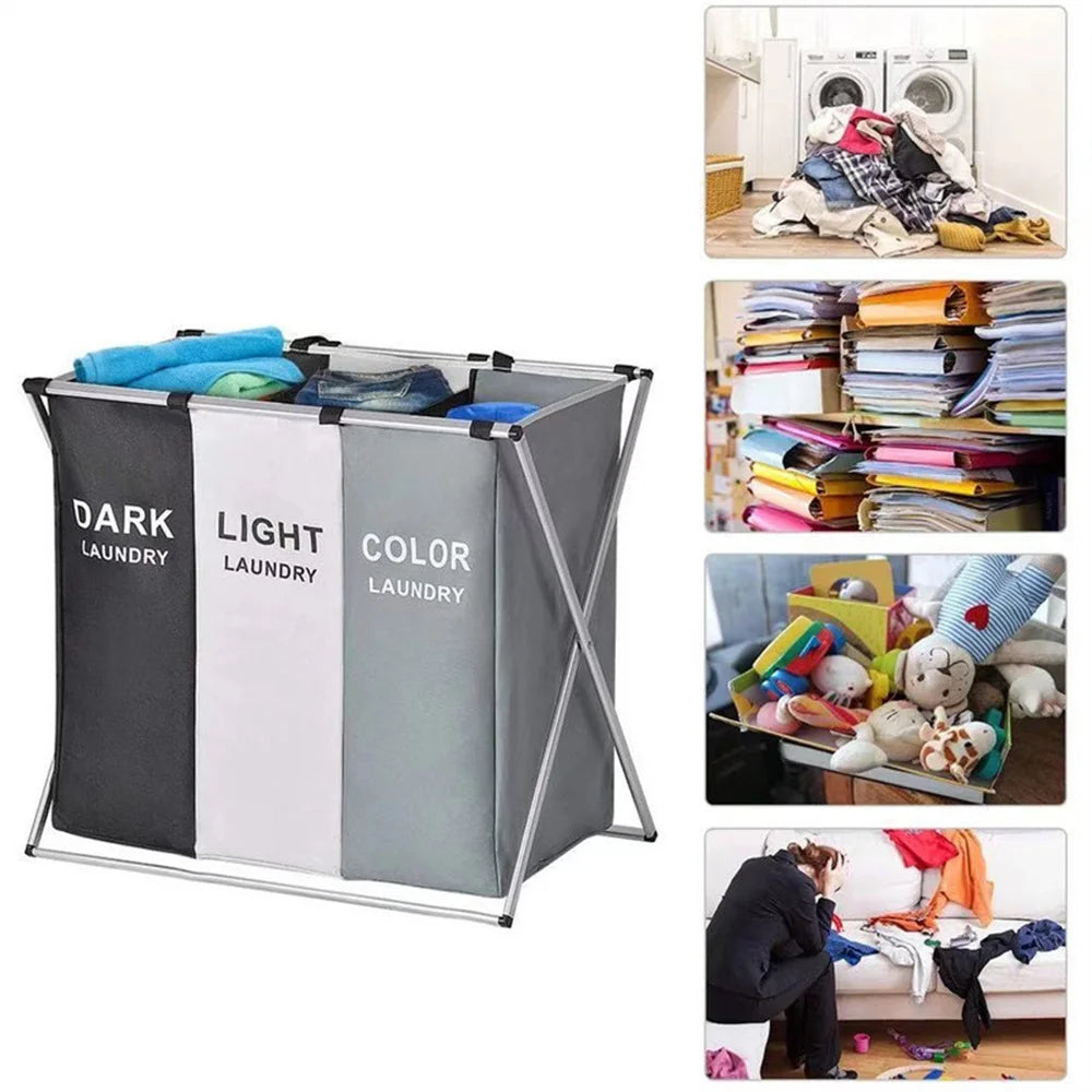 3 Grids Laundry Basket Foldable Dirty Clothes Organizer Bathroom Waterproof Storage Basket Large Laundry Hamper Three Grids New