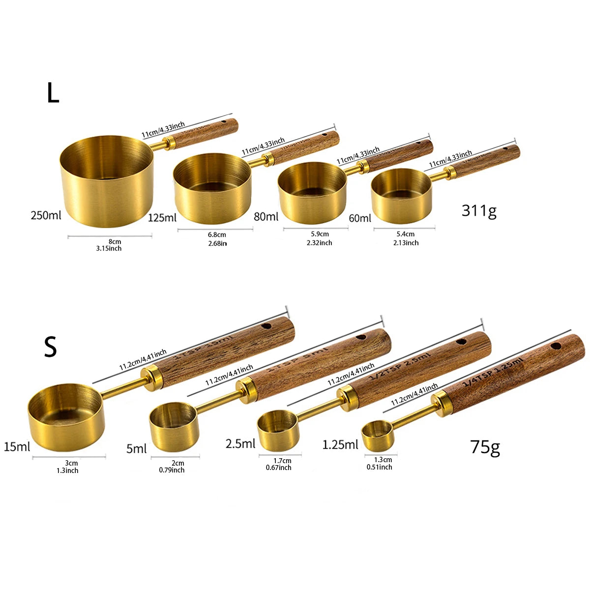 8pcs Gold Stainless Steel Measuring Cup Spoon Set Wooden Handle Baking Measuring Spoon Graduated Measuring Cup Kitchen Tools