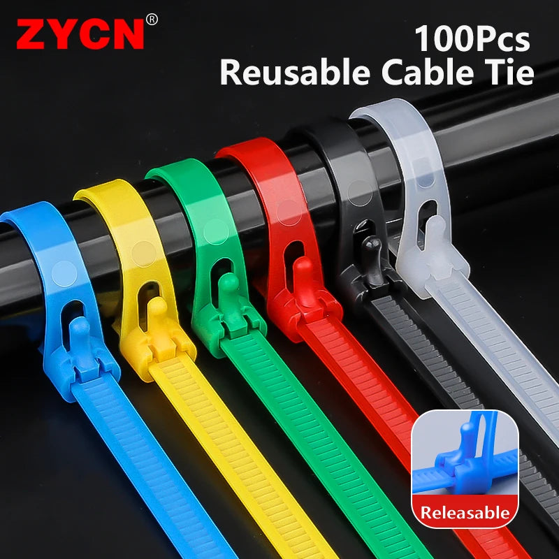 100pcs Releasable May Loose Slipknot Nylon Cable Tie Wire Binding Wrap Straps Black Reusable Plastic 8*150/200/250/300/400/450mm